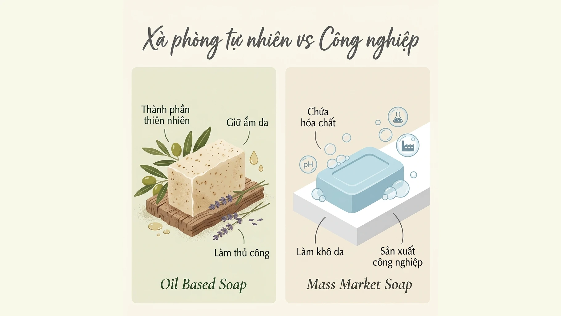 So sánh xà phòng từ dầu thực vật và xà phòng công nghiệp phổ thông